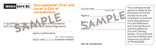 WorkSafeBC Occupational First Aid Level 3 Out of Jurisdiction certificate