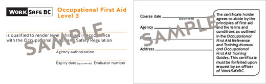 WorkSafeBC Occupational First Aid Level 3 certificate