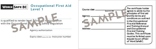 WorkSafeBC Occupational First Aid Level 1 certificate