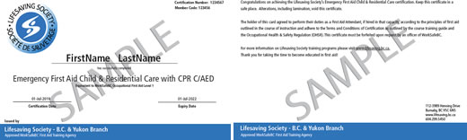 Lifesaving Society Emergency First Aid Child & Residential Care with CPR C/AED ticket