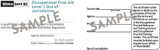 WorkSafeBC Occupational First Aid Level 1 Out of Jurisdiction ticket