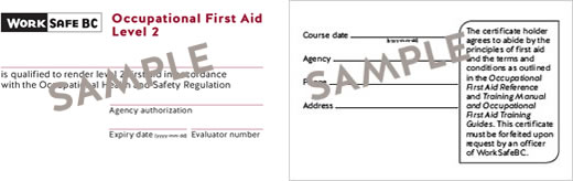 WorkSafeBC Occupational First Aid Level 2 certificate