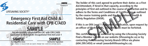 Lifesaving Society Emergency First Aid Child and Residential Care temporary certificate