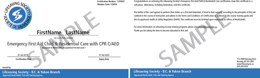 Lifesaving Society Emergency First Aid Child & Residential Care with CPR C/AED certificate