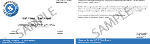 Lifesaving Society Emergency First Aid with CPR A/AED certificate