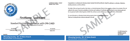 Lifesaving Society Standard First Aid Recertification with CPR C/AED certificate