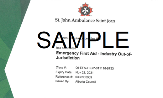 Sample St. John Ambulance Alberta Emergency First Aid for Industry out of Jurisdiction certificate