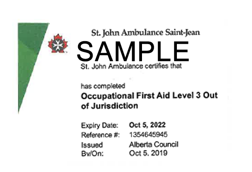 St. John Ambulance Alberta Occupational First Aid Level 3 out of jurisdiction (OFA Level 3 Equivalent) ticket