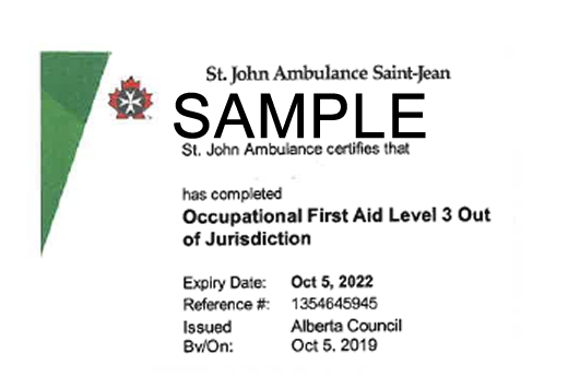 St. John Ambulance Alberta Occupational First Aid Level 3 out of jurisdiction certificate