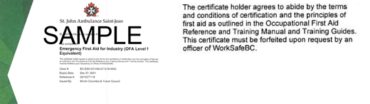 Sample St. John Ambulance B.C. Emergency First Aid for Industry certificate
