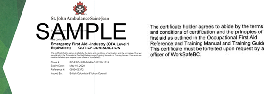 Sample St. John Ambulance B.C. Emergency First Aid for Industry out of jurisdiction certificate
