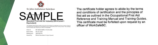 St. John Ambulance B.C. Standard First Aid for Industry (OFA Level 1 Equivalent) ticket