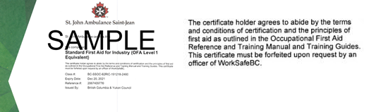 Sample St. John Ambulance B.C. Standard First Aid for Industry certificate