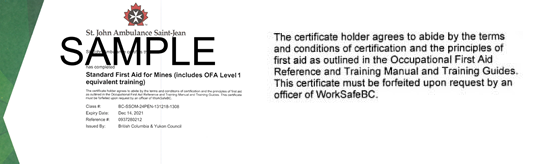 Sample St. John Ambulance B.C. Standard First Aid for Mines including Industry certificate