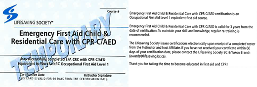 Lifesaving Society Emergency First Aid Child and Residential Care with CPR C/AED temporary certificate