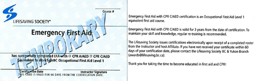 Lifesaving Society Emergency First Aid temporary certificate