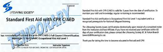 Lifesaving Society Standard First Aid with CPR C/AED temporary certificate