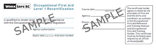 WorkSafeBC Occupational First Aid Level 1 Recertification certificate