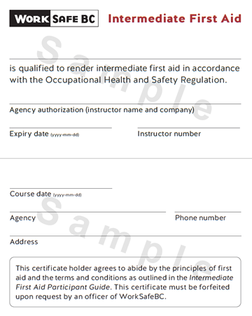 WorkSafeBC Intermediate First Aid certificate
