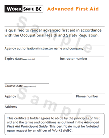 WorkSafeBC Advanced First Aid certificate