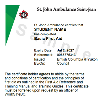 Image of sample St. John Ambulance Basic First Aid digital certificate