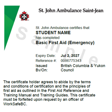 Image of sample St. John Ambulance Basic First Aid (Emergency) digital certificate