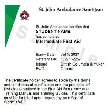 Sample St. John Ambulance Intermediate First Aid digital certificate