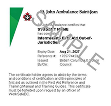 Sample St. John Ambulance Intermediate First Aid Out-Of-Jurisdiction digital certificate