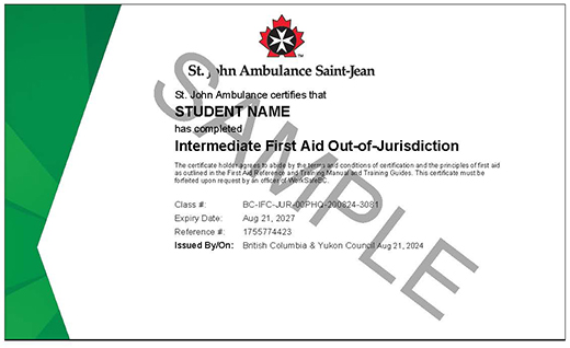 Sample St. John Ambulance Intermediate First Aid Out-Of-Jurisdiction printed certificate