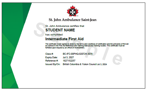 Sample St. John Ambulance Intermediate First Aid printed certificate