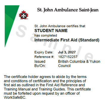 Sample St. John Ambulance Intermediate First Aid (Standard) digital certificate