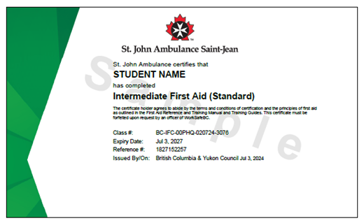 Sample St. John Ambulance Intermediate First Aid (Standard) printed certificate