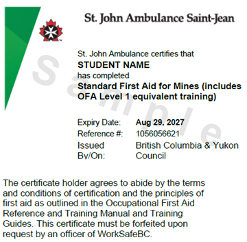 Image of sample St. John Ambulance Standard First Aid for Mines digital certificate