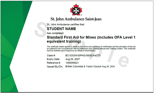 Image of sample St. John Ambulance Standard First Aid for Mines printed certificate