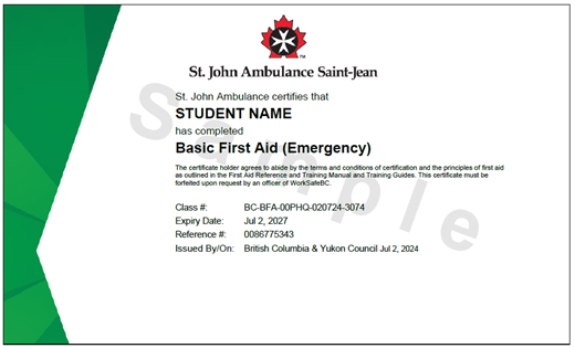 Image of sample St. John Ambulance Basic First Aid (Emergency) printed certificate