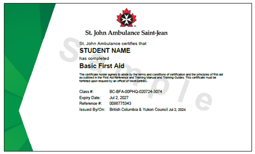 Image of sample St. John Ambulance Basic First Aid printed certificate