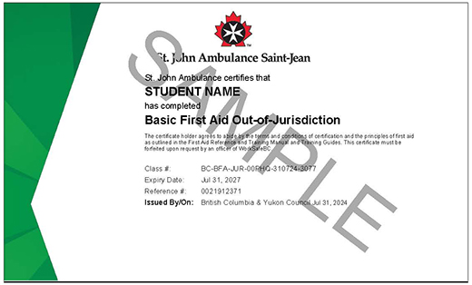 image of sample St. John Ambulance Basic First Aid Out-of-Jurisdiction printed certificate
