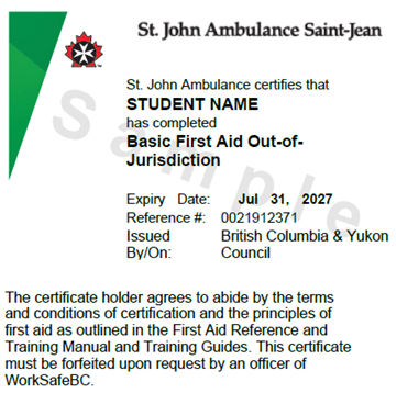 image of sample St. John Ambulance Basic First Aid Out-of-Jurisdiction digital certificate