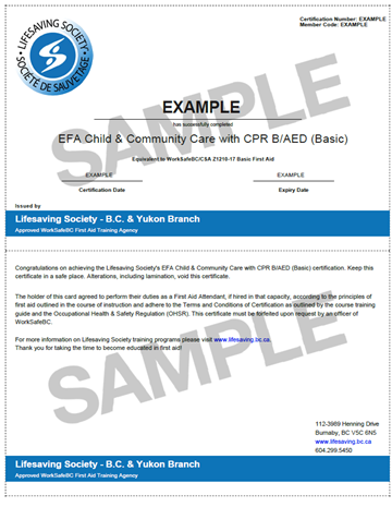 Lifesaving Society Emergency First Aid Child & Residential Care with CPR C/AED Basic certificate