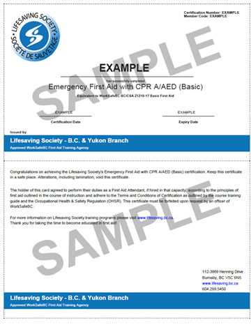 Lifesaving Society Emergency First Aid with CPR A/AED Basic certificate