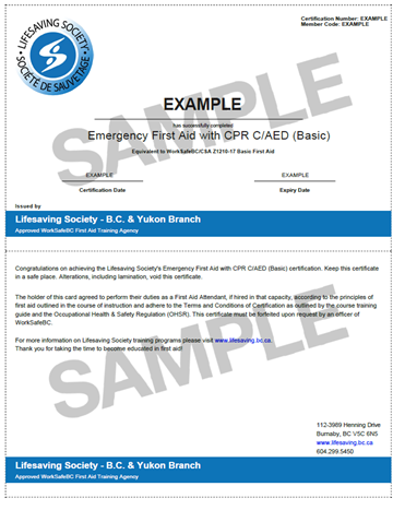 Lifesaving Society Emergency First Aid with CPR C/AED Basic certificate