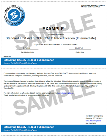 Lifesaving Society Standard First Aid and CPR C/AED Recertification Intermediate certificate