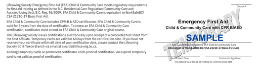 Lifesaving Society Emergency First Aid Child and Community Care with CPR B/AED temporary certificate