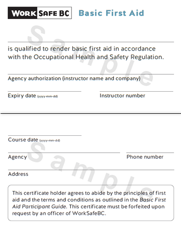 Sample WorkSafeBC Basic First Aid certificate