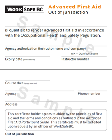 WorkSafeBC Advanced First Aid Out of Jurisdiction certificate