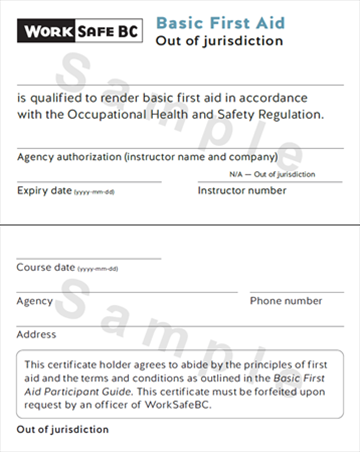 Sample WorkSafeBC Basic First Aid out of jurisdiction certificate
