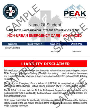 Sample Peak Emergency response-training NUEC A Certificate (BC-CSA)