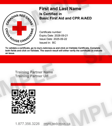 Canadian Red Cross Basic First Aid and CPR A/AED certificate