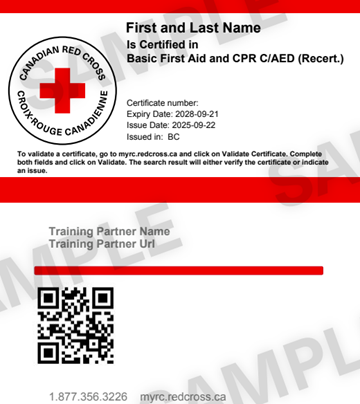 Canadian Red Cross Basic First Aid and CPR C/AED (Recertification) certificate
