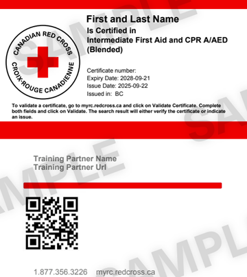Canadian Red Cross - Intermediate First Aid and CPR A/AED (Blended) - Intermediate certificate